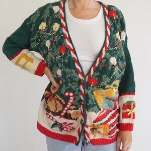 Vintage Maggie Lawrence Green Knit Gingerbread Candy Cane Beaded Cardigan M
